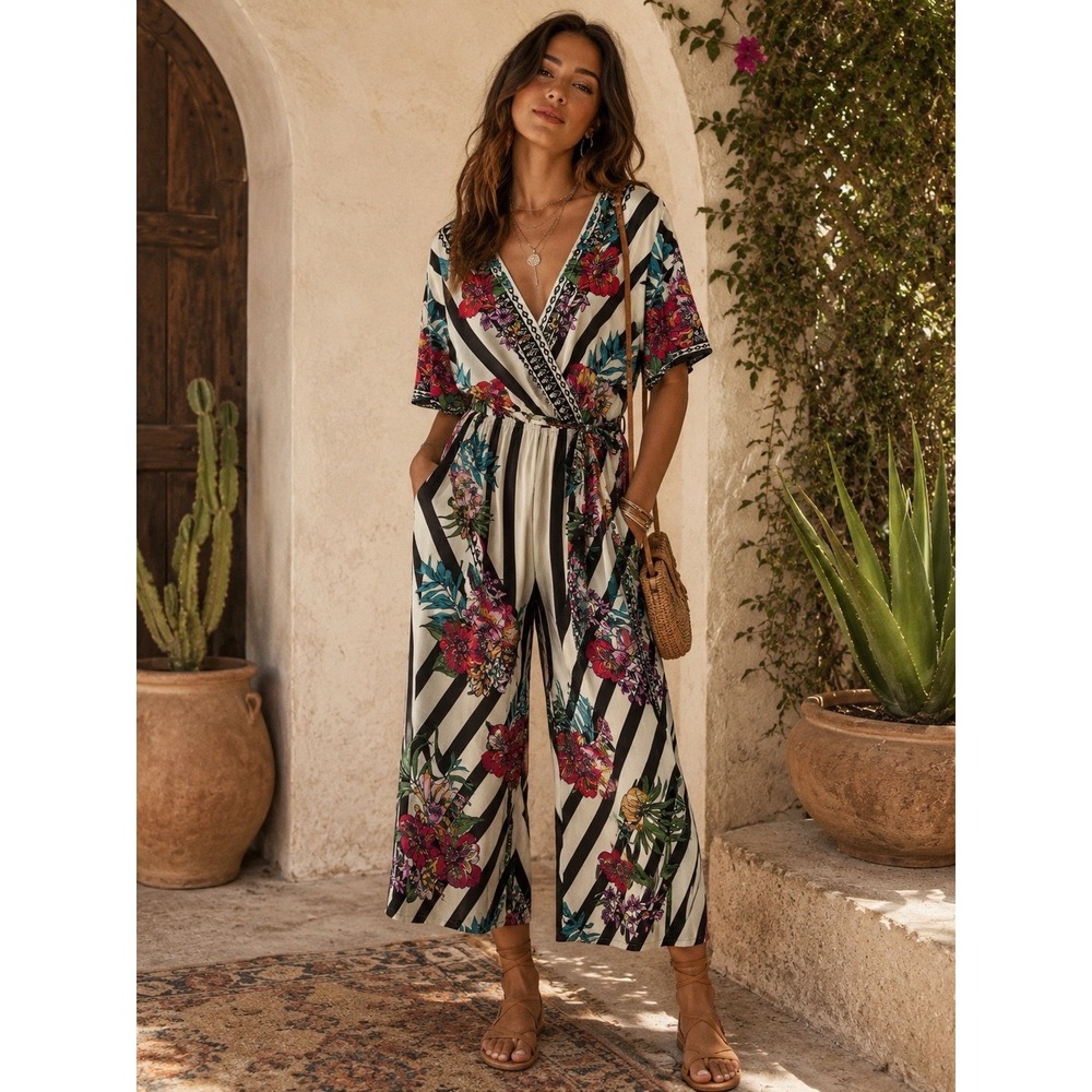 Flying Tomato Floral Striped Wide Leg Jumpsuit V-Neck Short Sleeve Large